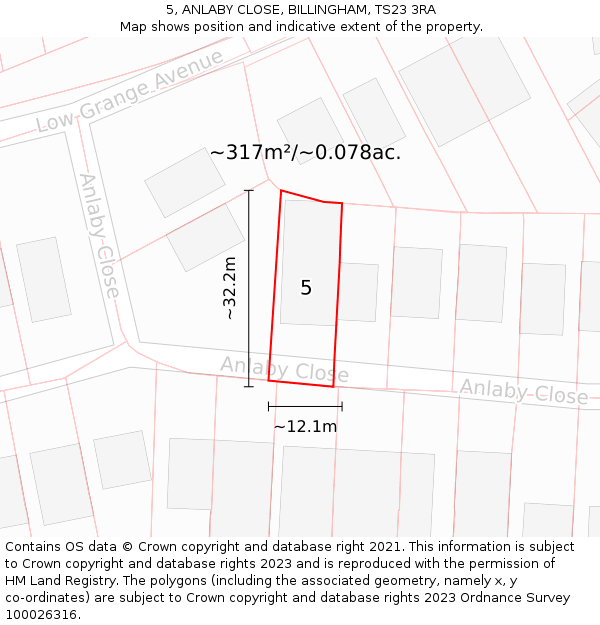 5, ANLABY CLOSE, BILLINGHAM, TS23 3RA: Plot and title map