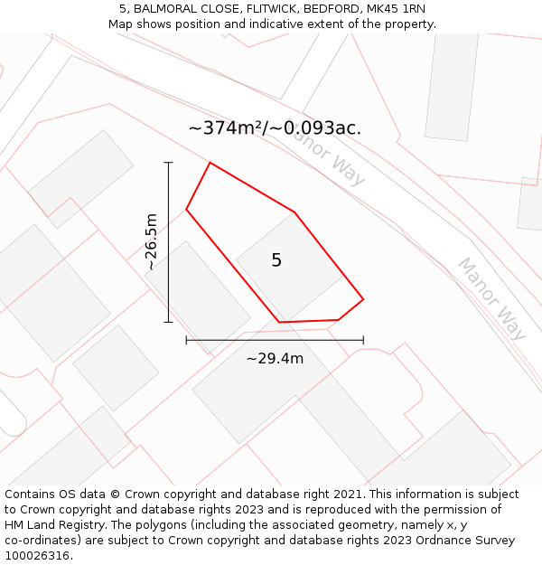 5, BALMORAL CLOSE, FLITWICK, BEDFORD, MK45 1RN: Plot and title map