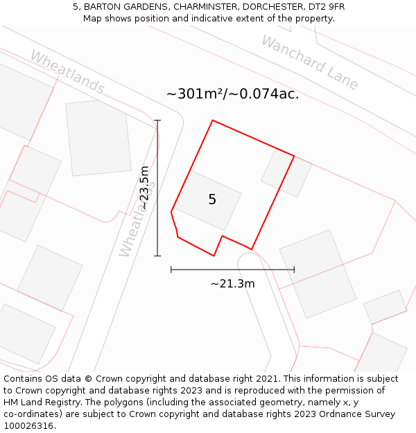5, BARTON GARDENS, CHARMINSTER, DORCHESTER, DT2 9FR: Plot and title map