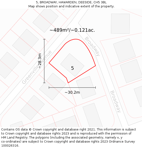 5, BROADWAY, HAWARDEN, DEESIDE, CH5 3BL: Plot and title map