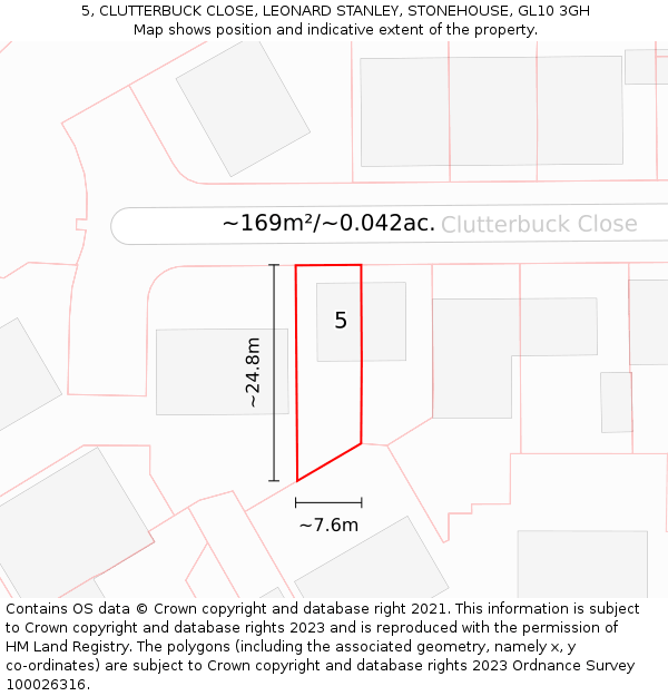 5, CLUTTERBUCK CLOSE, LEONARD STANLEY, STONEHOUSE, GL10 3GH: Plot and title map