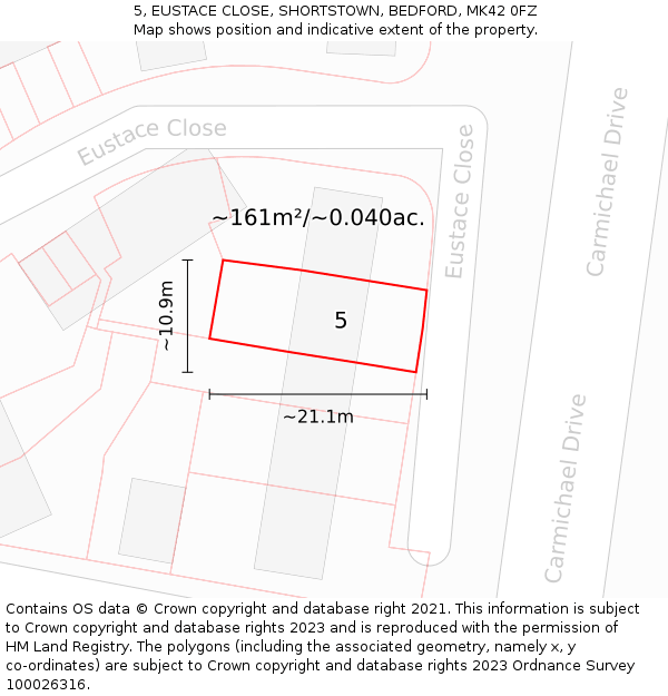 5, EUSTACE CLOSE, SHORTSTOWN, BEDFORD, MK42 0FZ: Plot and title map