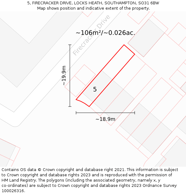 5, FIRECRACKER DRIVE, LOCKS HEATH, SOUTHAMPTON, SO31 6BW: Plot and title map