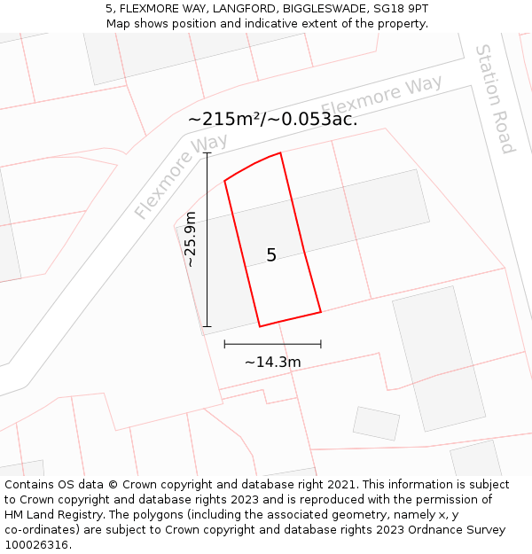 5, FLEXMORE WAY, LANGFORD, BIGGLESWADE, SG18 9PT: Plot and title map