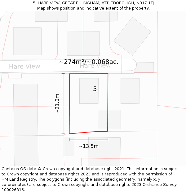 5, HARE VIEW, GREAT ELLINGHAM, ATTLEBOROUGH, NR17 1TJ: Plot and title map