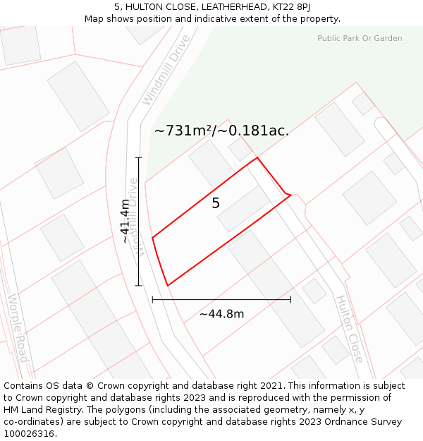 5, HULTON CLOSE, LEATHERHEAD, KT22 8PJ: Plot and title map