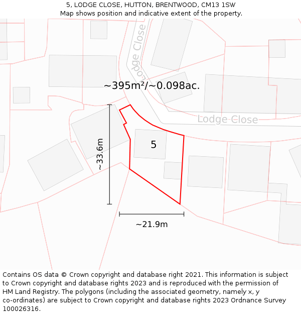 5, LODGE CLOSE, HUTTON, BRENTWOOD, CM13 1SW: Plot and title map