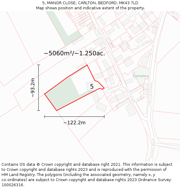 5, MANOR CLOSE, CARLTON, BEDFORD, MK43 7LD: Plot and title map