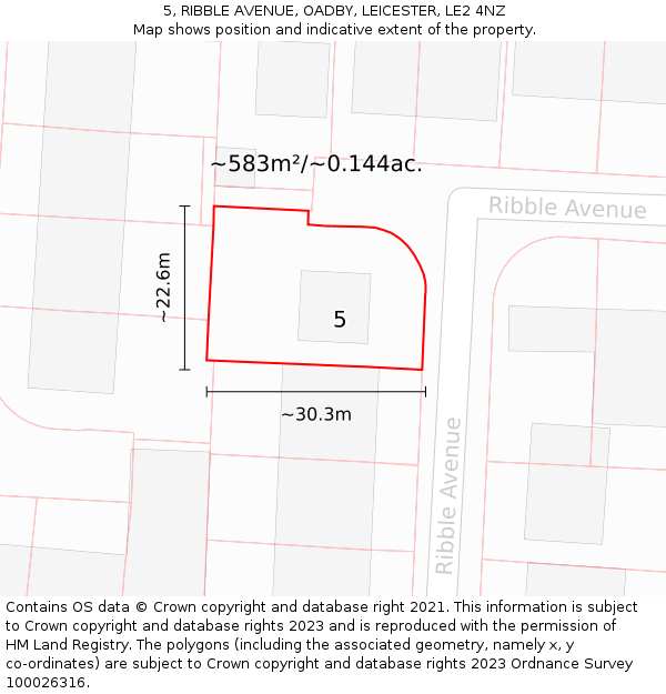 5, RIBBLE AVENUE, OADBY, LEICESTER, LE2 4NZ: Plot and title map