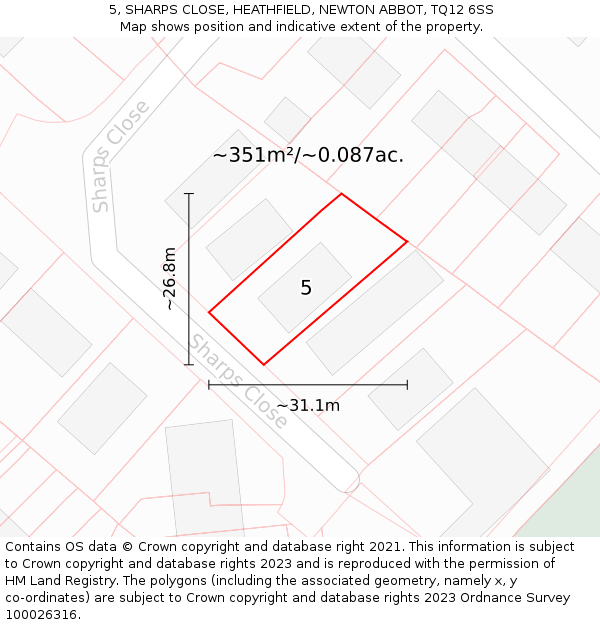 5, SHARPS CLOSE, HEATHFIELD, NEWTON ABBOT, TQ12 6SS: Plot and title map