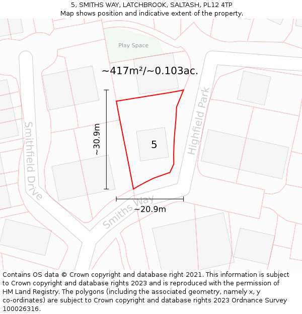 5, SMITHS WAY, LATCHBROOK, SALTASH, PL12 4TP: Plot and title map