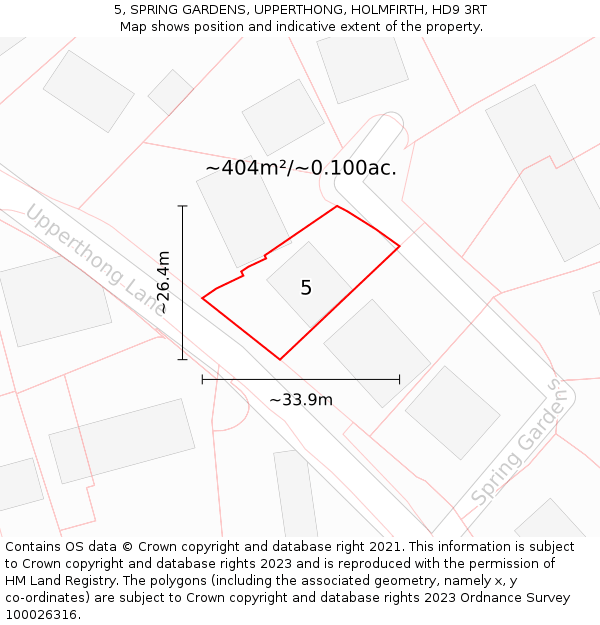 5, SPRING GARDENS, UPPERTHONG, HOLMFIRTH, HD9 3RT: Plot and title map