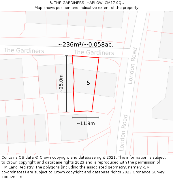 5, THE GARDINERS, HARLOW, CM17 9QU: Plot and title map