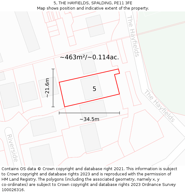 5, THE HAYFIELDS, SPALDING, PE11 3FE: Plot and title map