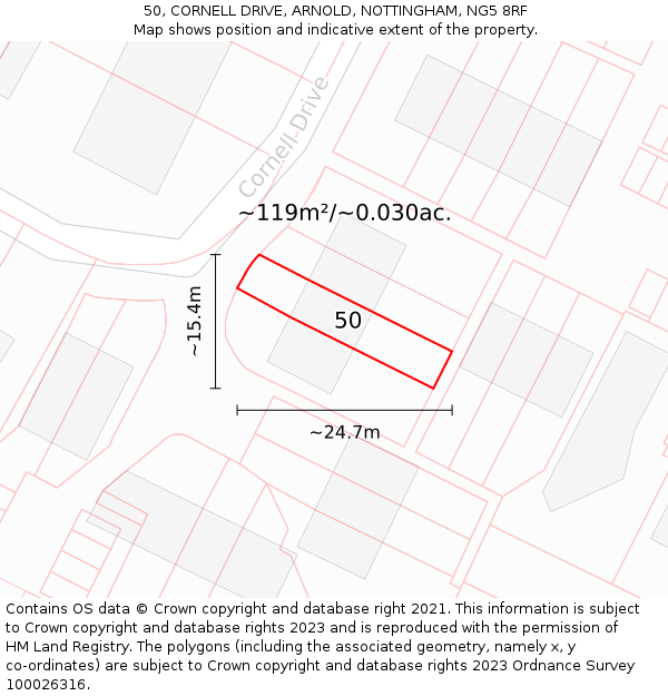 50, CORNELL DRIVE, ARNOLD, NOTTINGHAM, NG5 8RF: Plot and title map