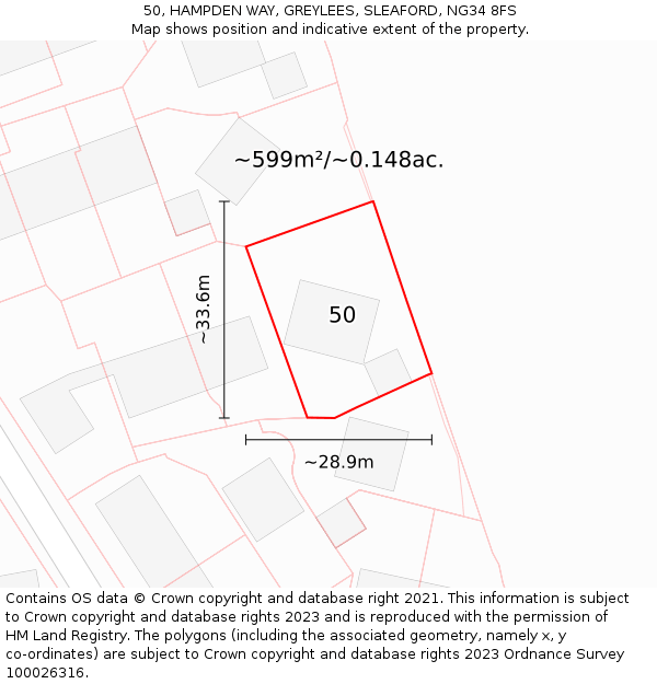 50, HAMPDEN WAY, GREYLEES, SLEAFORD, NG34 8FS: Plot and title map
