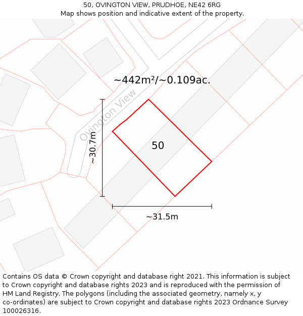 50, OVINGTON VIEW, PRUDHOE, NE42 6RG: Plot and title map
