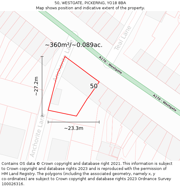 50, WESTGATE, PICKERING, YO18 8BA: Plot and title map
