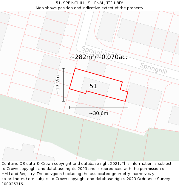 51, SPRINGHILL, SHIFNAL, TF11 8FA: Plot and title map