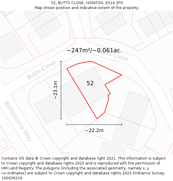 52, BUTTS CLOSE, HONITON, EX14 2FS: Plot and title map