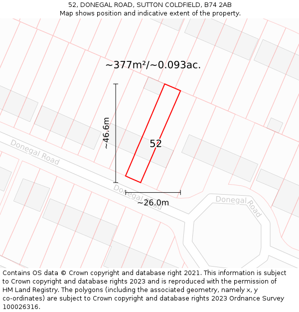 52, DONEGAL ROAD, SUTTON COLDFIELD, B74 2AB: Plot and title map