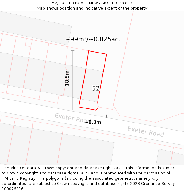 52, EXETER ROAD, NEWMARKET, CB8 8LR: Plot and title map