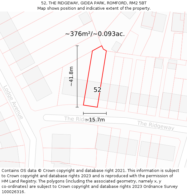 52, THE RIDGEWAY, GIDEA PARK, ROMFORD, RM2 5BT: Plot and title map