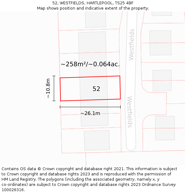 52, WESTFIELDS, HARTLEPOOL, TS25 4BF: Plot and title map