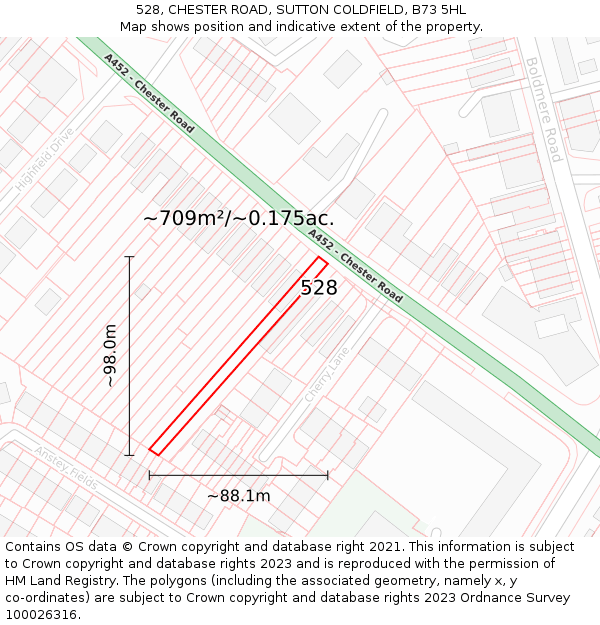 528, CHESTER ROAD, SUTTON COLDFIELD, B73 5HL: Plot and title map