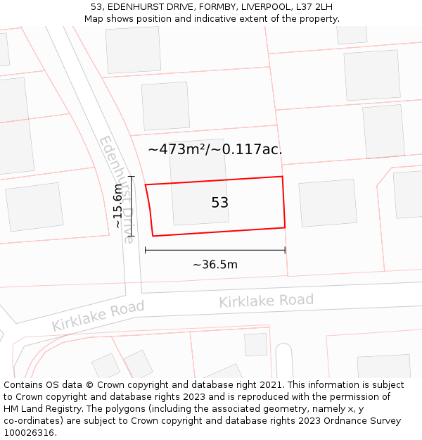 53, EDENHURST DRIVE, FORMBY, LIVERPOOL, L37 2LH: Plot and title map