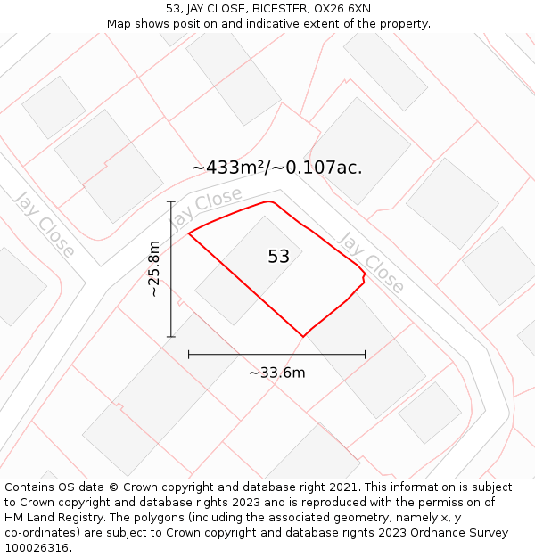 53, JAY CLOSE, BICESTER, OX26 6XN: Plot and title map
