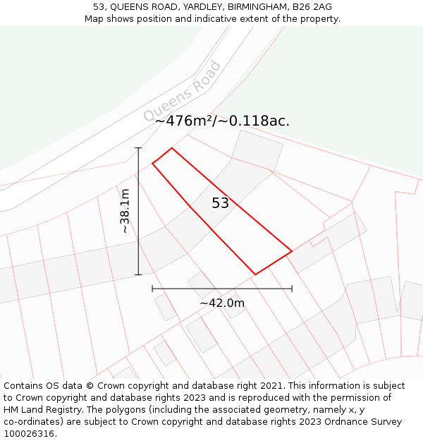 53, QUEENS ROAD, YARDLEY, BIRMINGHAM, B26 2AG: Plot and title map