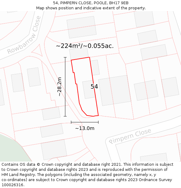 54, PIMPERN CLOSE, POOLE, BH17 9EB: Plot and title map