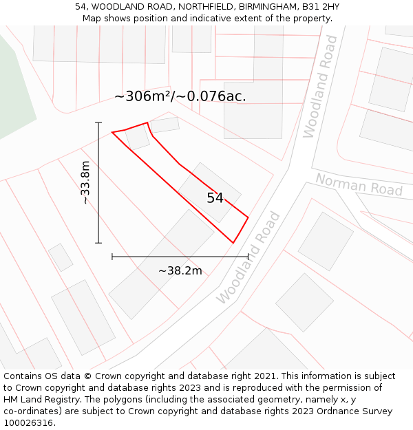 54, WOODLAND ROAD, NORTHFIELD, BIRMINGHAM, B31 2HY: Plot and title map