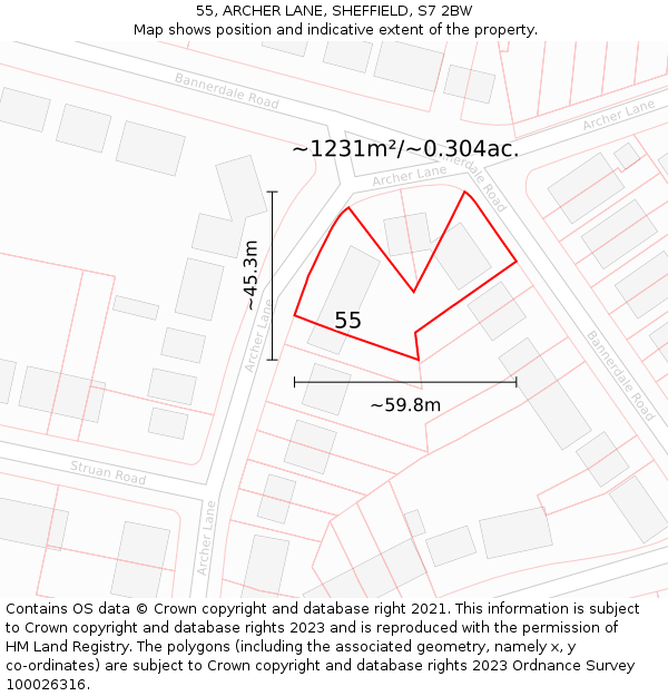55, ARCHER LANE, SHEFFIELD, S7 2BW: Plot and title map