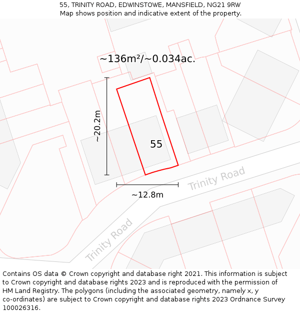 55, TRINITY ROAD, EDWINSTOWE, MANSFIELD, NG21 9RW: Plot and title map