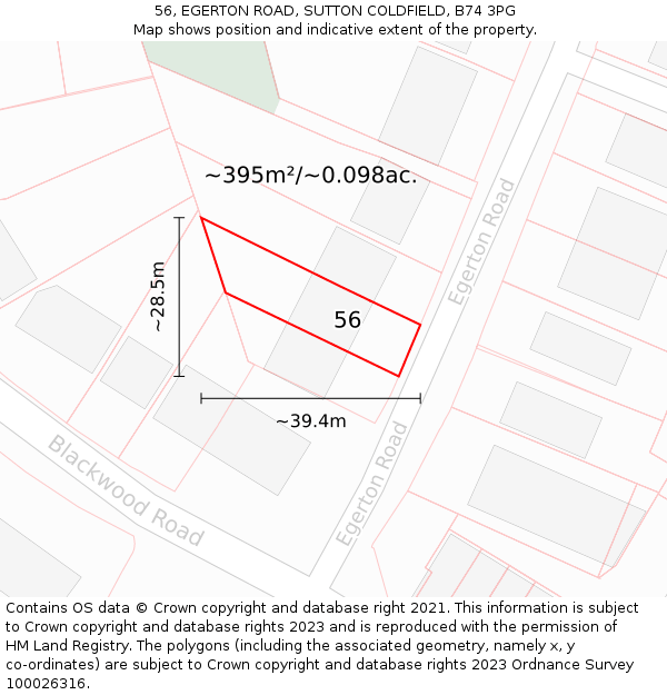 56, EGERTON ROAD, SUTTON COLDFIELD, B74 3PG: Plot and title map