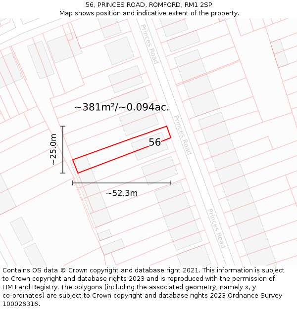 56, PRINCES ROAD, ROMFORD, RM1 2SP: Plot and title map