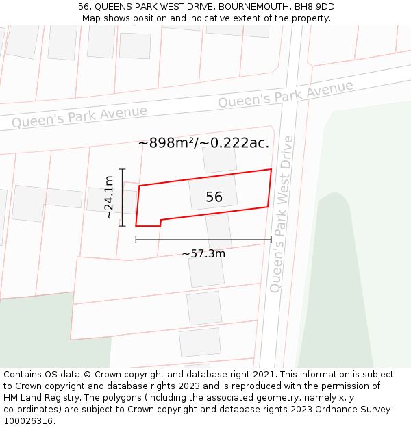 56, QUEENS PARK WEST DRIVE, BOURNEMOUTH, BH8 9DD: Plot and title map