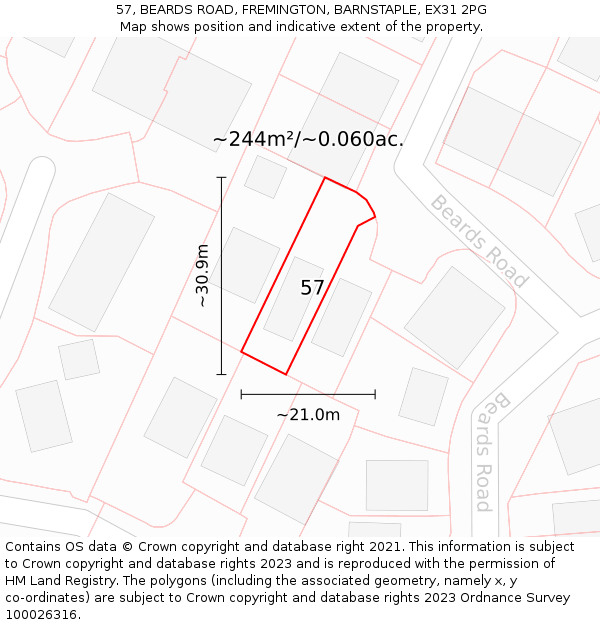 57, BEARDS ROAD, FREMINGTON, BARNSTAPLE, EX31 2PG: Plot and title map