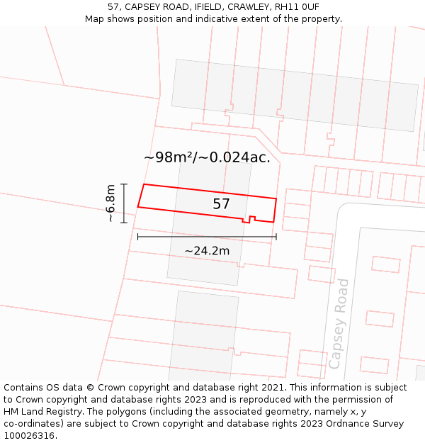 57, CAPSEY ROAD, IFIELD, CRAWLEY, RH11 0UF: Plot and title map