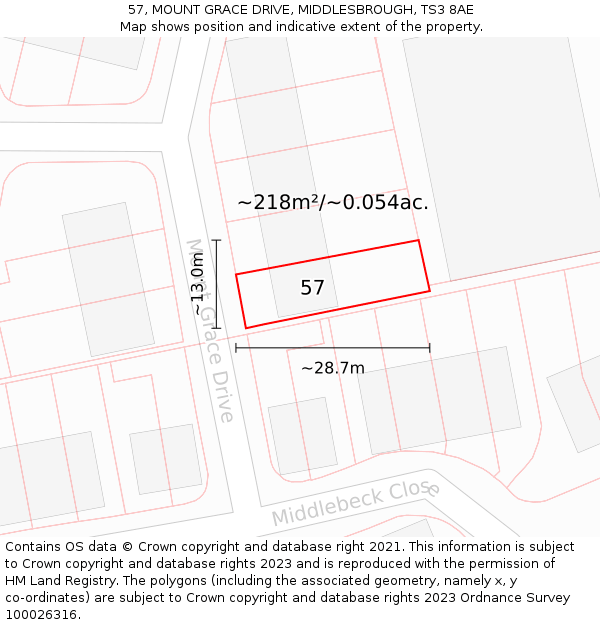 57, MOUNT GRACE DRIVE, MIDDLESBROUGH, TS3 8AE: Plot and title map
