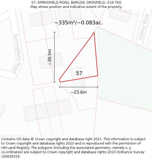 57, SPRINGFIELD ROAD, BARLOW, DRONFIELD, S18 7SQ: Plot and title map