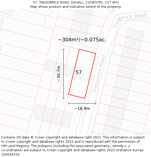 57, TREGORRICK ROAD, EXHALL, COVENTRY, CV7 9FH: Plot and title map