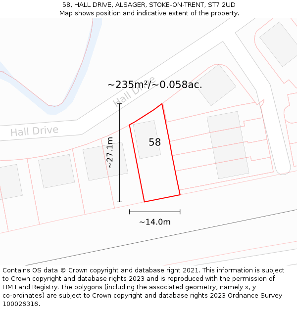 58, HALL DRIVE, ALSAGER, STOKE-ON-TRENT, ST7 2UD: Plot and title map
