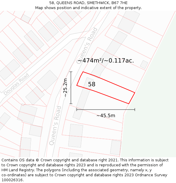 58, QUEENS ROAD, SMETHWICK, B67 7HE: Plot and title map