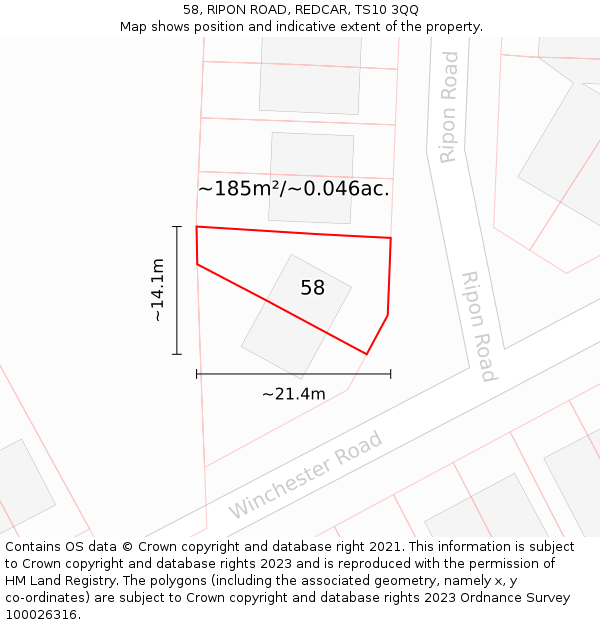 58, RIPON ROAD, REDCAR, TS10 3QQ: Plot and title map