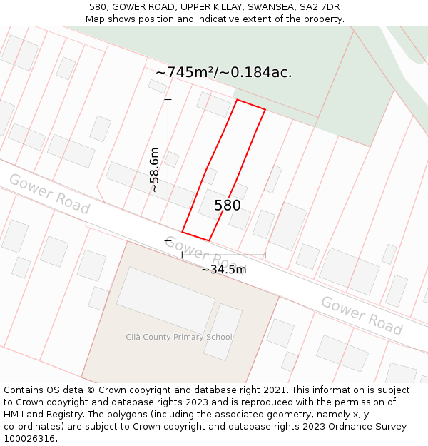 580, GOWER ROAD, UPPER KILLAY, SWANSEA, SA2 7DR: Plot and title map