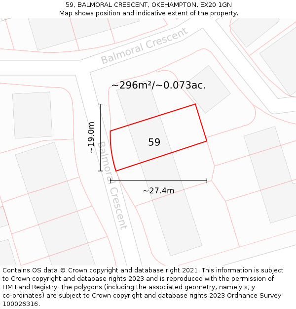 59, BALMORAL CRESCENT, OKEHAMPTON, EX20 1GN: Plot and title map