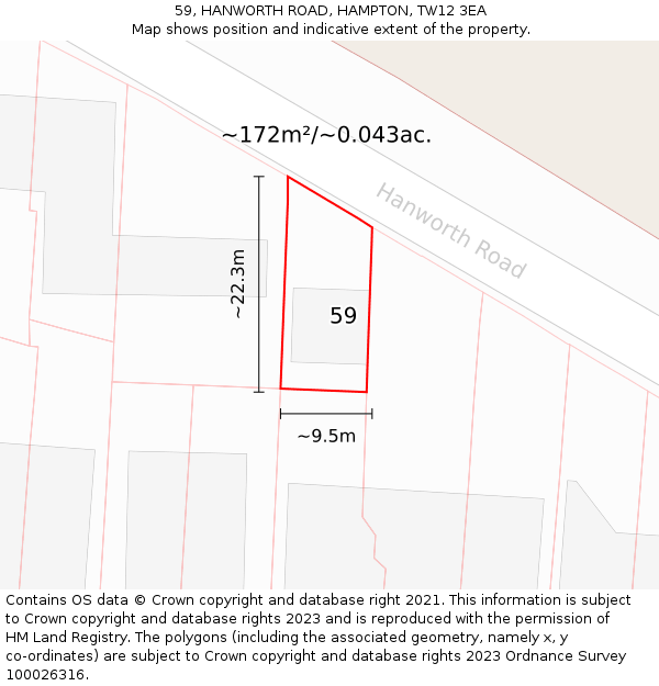 59, HANWORTH ROAD, HAMPTON, TW12 3EA: Plot and title map